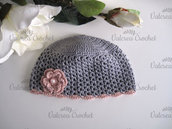 Cappellino grigio/rosa antico neonata cotone uncinetto