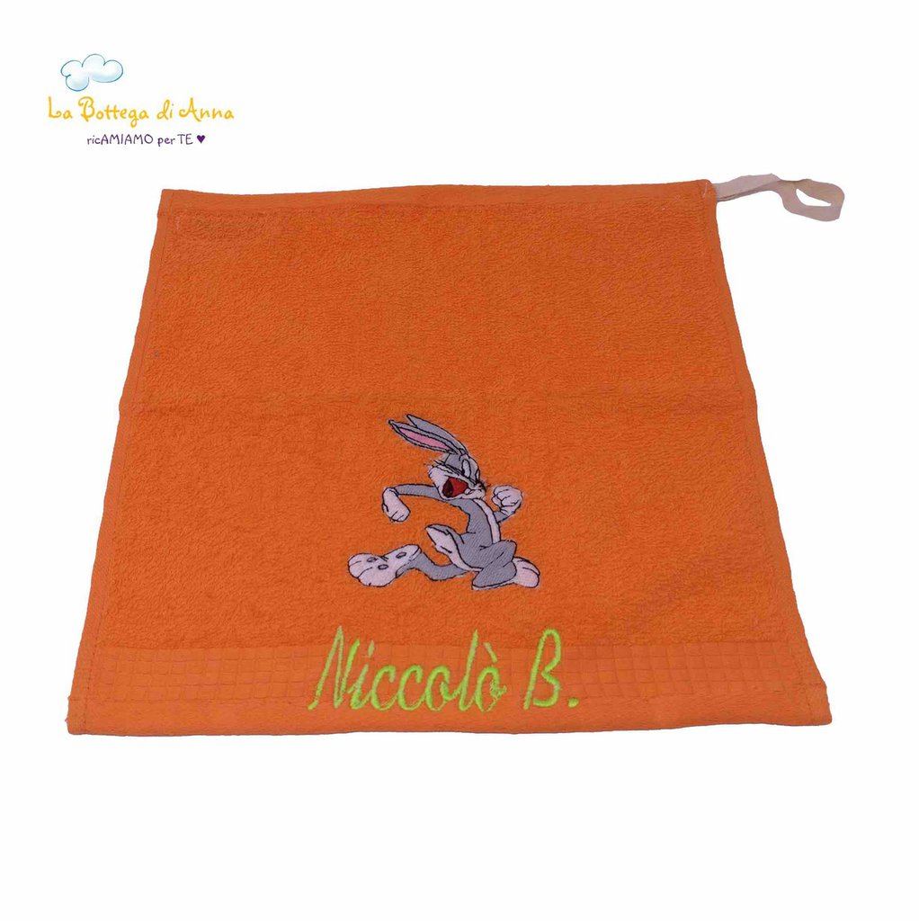 Asciugamano in spugna di cotone arancione con Bugs Bunny personalizzato con  ricamo del nome - Misure 30 x 30 cm