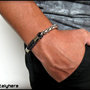 Bracciale in cordoncino intrecciato di cuoio nero, con catena in maglia spiga argento e catena in maglia rolò nera, idea regalo - Italyhere