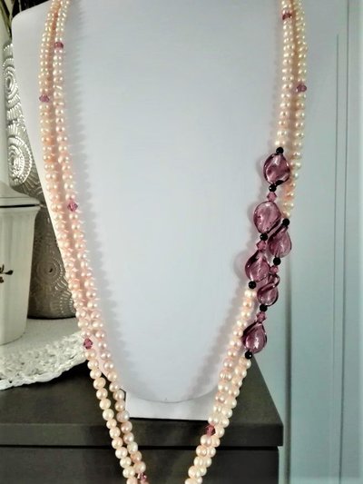 COLLANA LUNGA 2 FILI PERLE ROSA DI ACQUA DOLCE E TWIST MURANO COLLANA LUNGA 2 FILI PERLE ROSA DI ACQUA DOLCE E TWIST MURANO