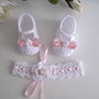 Set coordinato fascetta scarpine neonata cotone bianco raso rosa battesimo nascita cerimonia uncinetto