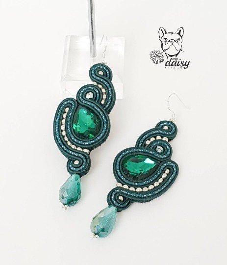 Lunghi Orecchini Pendenti Soutache Verde Smeraldo Con Cristalli Sfa