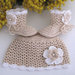 Set coordinato beige/bianco cappellino+scarpine neonata neonato cotone all'uncinetto