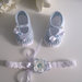 Set coordinato fascetta scarpine neonata cotone bianco / azzurro battesimo nascita cerimonia uncinetto 