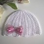 Cappellino neonata uncinetto cotone bianco / fiocco raso rosa antico