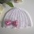 Cappellino neonata uncinetto cotone bianco / fiocco raso rosa antico