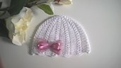 Cappellino neonata uncinetto cotone bianco / fiocco raso rosa antico