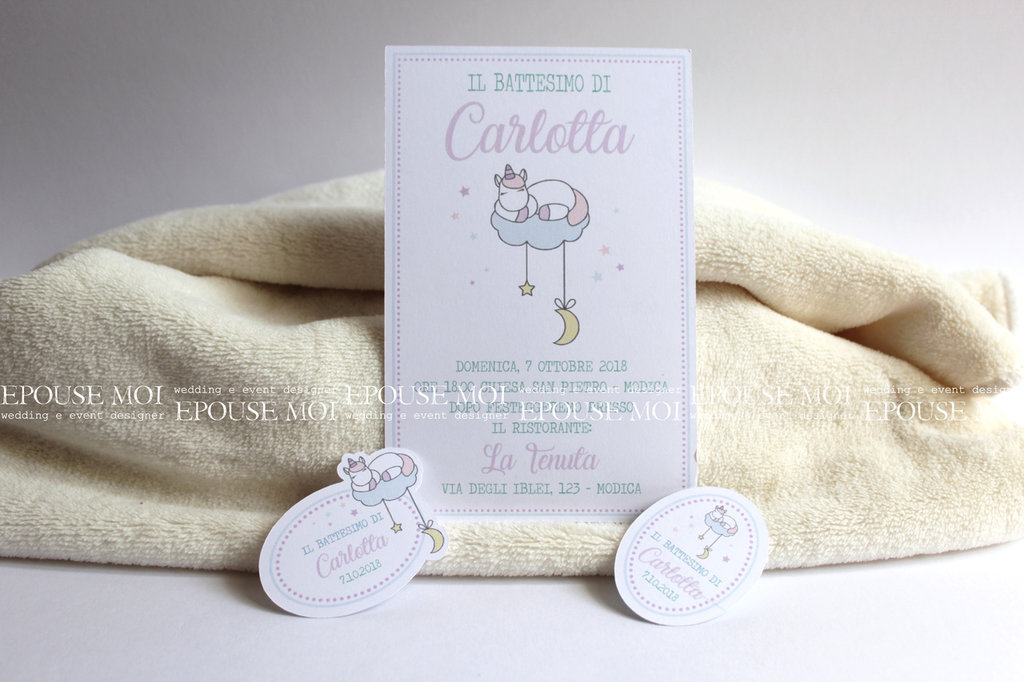 Inviti Battesimo Unicorno 10 Pezzi Con Busta - Partecipazioni Bimba Bimbo Personalizzabili 12x18 Cm