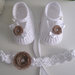 Set coordinato scarpine fascetta per capelli neonata uncinetto fiore tortora fatto a mano idea regalo nascita cerimonia battesimo cotone handmade crochet