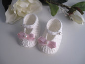 Scarpine neonata uncinetto bianco/panna fiocco rosa fatte a mano cerimonia nascita battesimo idea regalo cotone handmade uncinetto