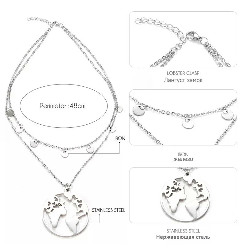 Collana Mappamondo In Argento 925 Per Donna - Girocollo Con Ciondolo Planisfero - Lunghezza Catena 40+5 Cm - Regalo Viaggiatore - 4
