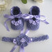 Set coordinato scarpine fascetta neonata uncinetto color lilla fatto a mano idea regalo nascita cerimonia battesimo cotone raso handmade crochet uncinetto