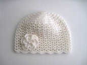 Cappellino neonata uncinetto lana merino color panna fatto a mano idea regalo corredino nascita battesimo cerimonia 