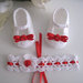 Set coordinato neonata scarpe scarpine fascia fascetta per capelli di colore bianco / rosso fatto a mano idea regalo nascita cerimonia battesimo cotone raso handmade crochet uncinetto