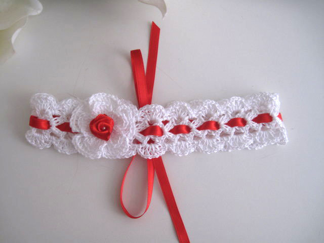 Fascia fascetta per capelli neonata bianca / rossa fatta a mano nascita  battesimo cerimonia cotone handmade uncinetto