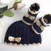 Set coordinato blu notte/fiocco beige cappellino scarpine stivaletti neonato unisex fatto a mano idea regalo corredino nascita handmade lana uncinetto