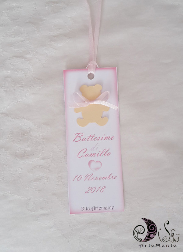 etichette segnaposto segnalibro battesimo orsetto con fiocco rosa per  battesimo bimba