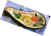 Vassoio poggia mestolo di ceramica, manufatto dipinto a mano con arance, limoni e foglie 