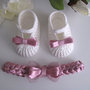 Set coordinato neonata fascetta + scarpine cotone panna / raso rosa antico