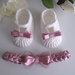 Set coordinato neonata fascetta + scarpine cotone panna / raso rosa antico