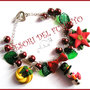 Bracciale Natale  "Fufuclassic Classic Omino di neve  + foglie verdi e perle rosse" Fimo cernit stella di Natale idea regalo