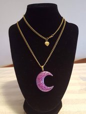 Collana luna in resina viola glitter