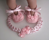 Set scarpine fascetta neonata all'uncinetto raso rosa fatto a mano idea regalo nascita battesimo cerimonia