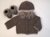 Coordinato neonato marrone golfino/cappellino/scarpine fatto a mano neonato lana idea regalo uncinetto