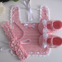 Set coordinato rosa bavaglino/scarpine/fascetta neonata battesimo nascita cerimonia cotone uncinetto