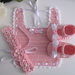Set coordinato rosa bavaglino/scarpine/fascetta neonata battesimo nascita cerimonia cotone uncinetto