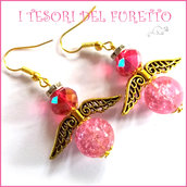 Orecchini Natale " Angelo portafortuna rosa e oro  " angioletto perle cristalli idea  regalo personalizzabile  con clip donna ragazza  handmade 
