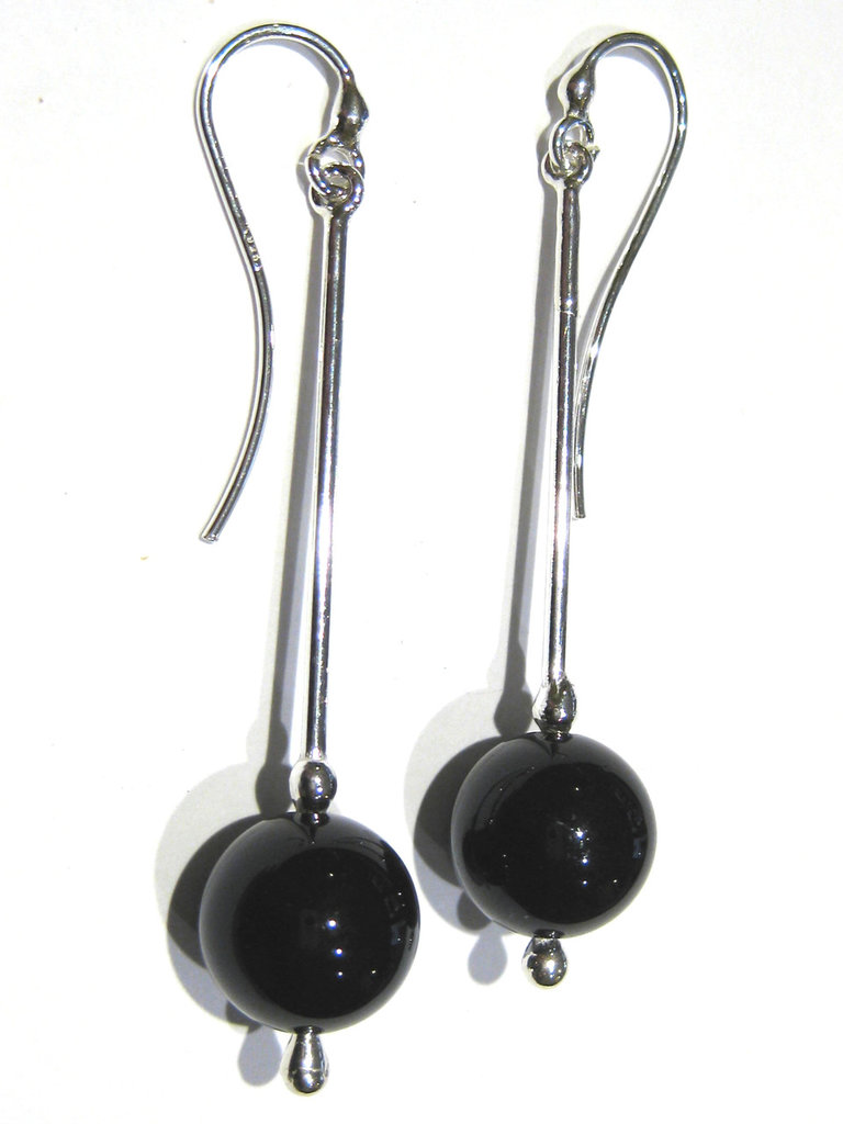 Orecchini Donna In Agata Nera - Forma Gonna, Pietre Curative Chakra, Placcato Oro Bianco, 6x3.8cm - 2