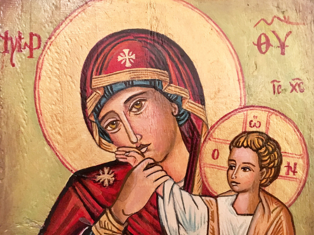ICONA DIPINTA A MANO SU LEGNO MASSELLO "MADONNA DELLA TENEREZZA