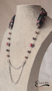 Elegante Collana donna in stoffa e pietre dure porcellana blu viola rosa