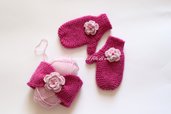 Completino bambina in pura lana 100% / guanti /muffole e fascia con fiore