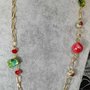 Collana donna lunga catena colore oro porcellana smaltata rossa madre perla verde