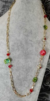 Collana donna lunga catena colore oro porcellana smaltata rossa madre perla verde