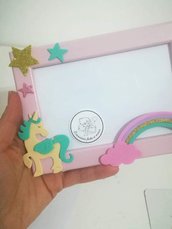 Porta foto bambini unicorno arcobaleno stelle. Rosa glitter 