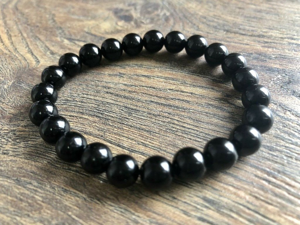 Bracciale Elastico Donna In Tormalina Nera Naturale – Perline 6mm – Guarigione E Protezione – Fatto A Mano USA