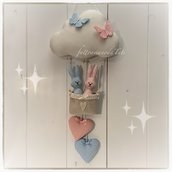 Fiocco nascita nuvoletta/mongolfiera per gemelli con cuori e coniglietti rosa e azzurri