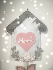 Fuoriporta in feltro Casa Home Stile Shabby Rosa grigio Cuore Casetta Targa Personalizzabile 