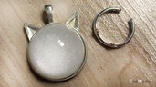 PARURE "MICIOMIAO" 4 - ciondolo + anello gatto bianco glitter opalescente