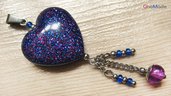 CIONDOLO HEARTS 5 - blu, glitter blu viola + charms  - atossico e nichel free