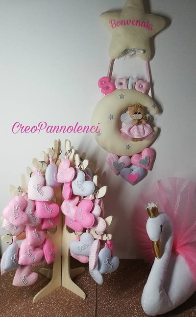 Fiocco nascita Orsetta damina/fatina con 3 cuori a fantasie. Fiocco nascita Orsetta damina/fatina con 3 cuori a fantasie.