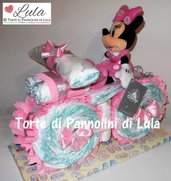 Torta di Pannolini Pampers Moto bicicletta Peluche Minnie idea regalo nascita battesimo baby shower