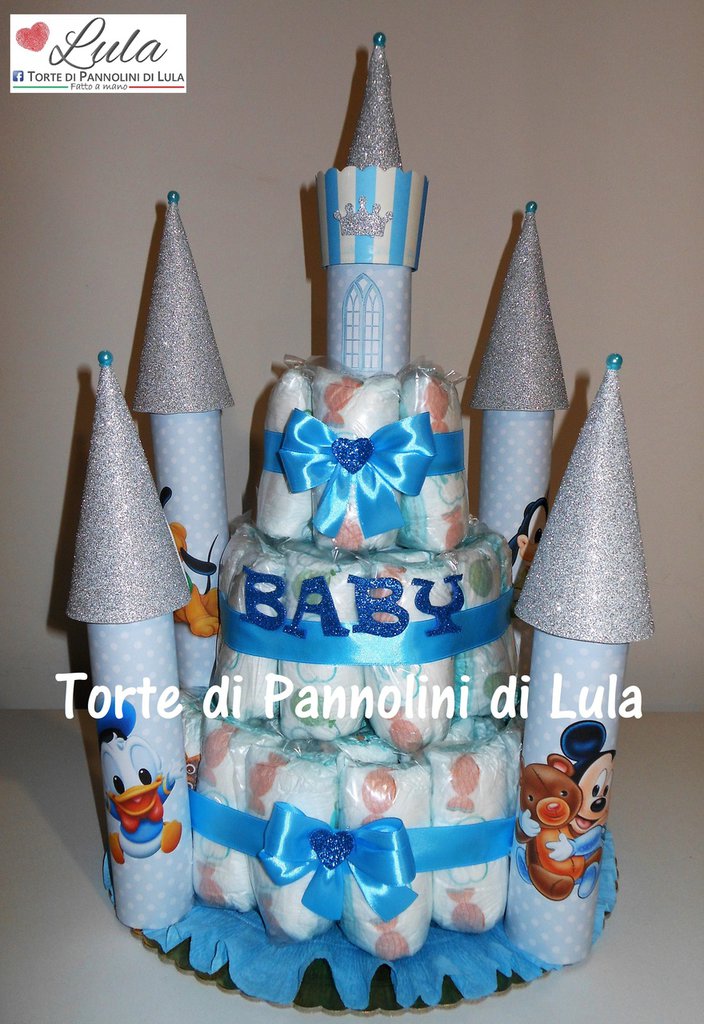 Torta Di Pannolini Per Neonato - Corona Da Principe, Regalo Nascita Bimbo (15 Pannolini) - Foto 5