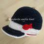 Cappello/cappellino con visiera bambino -  navy - cotone bianco/blu/rosso - uncinetto - pesciolino