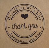 60 Etichette adesive 35mm Tonde con scritta "Handmade whit Love - Thank you" colore Marrone diametro 35mm Chiudipacco
