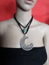 collana doppia con pietra di avventurina e luna in metallo