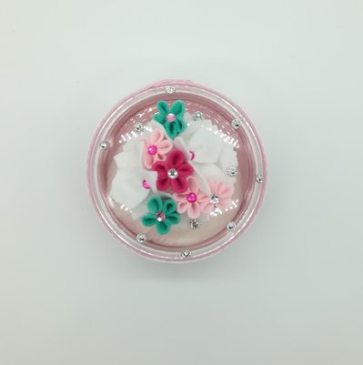 Scatola, porta talco rosa con piumino, circonf. 35 cm x 9 cm - Per
